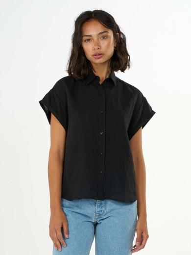 Knowledge Cotton Apparel ASTER fold up short sleeve linen shirt Black Jet