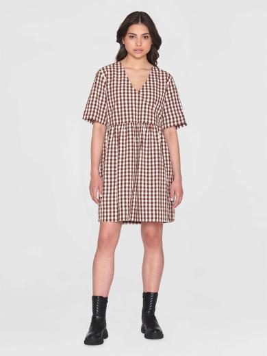 Knowledge Cotton Apparel Cross Over Seersucker Checkered Dress Brown Check | L