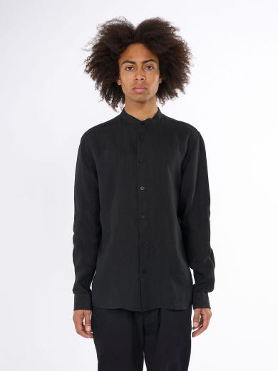 Knowledge Cotton Apparel Custom fit linen stand collar shirt Black Jet