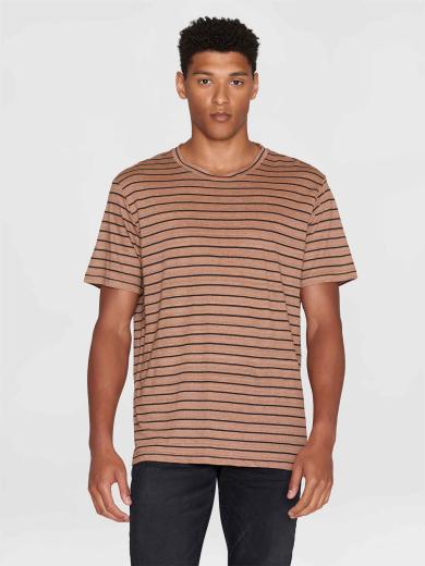 Knowledge Cotton Apparel Regular Linen Striped T-Shirt Brown Stripe