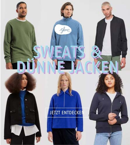 Verschiedene dünne Jacken und Sweatshirts an Frauen und Männern von glore.de.